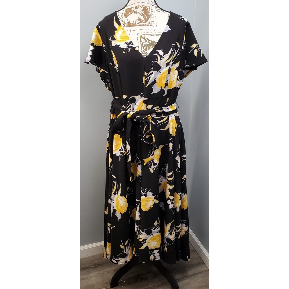 Lane Bryant Maxi Dress Womens 18 Multi Floral Flutter Sleeve Tie Waist Back Zip